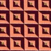 Burgundy and orange geometric fabric pattern with stepped squares, muted olive-green centers, and a digitally printed matte finish.